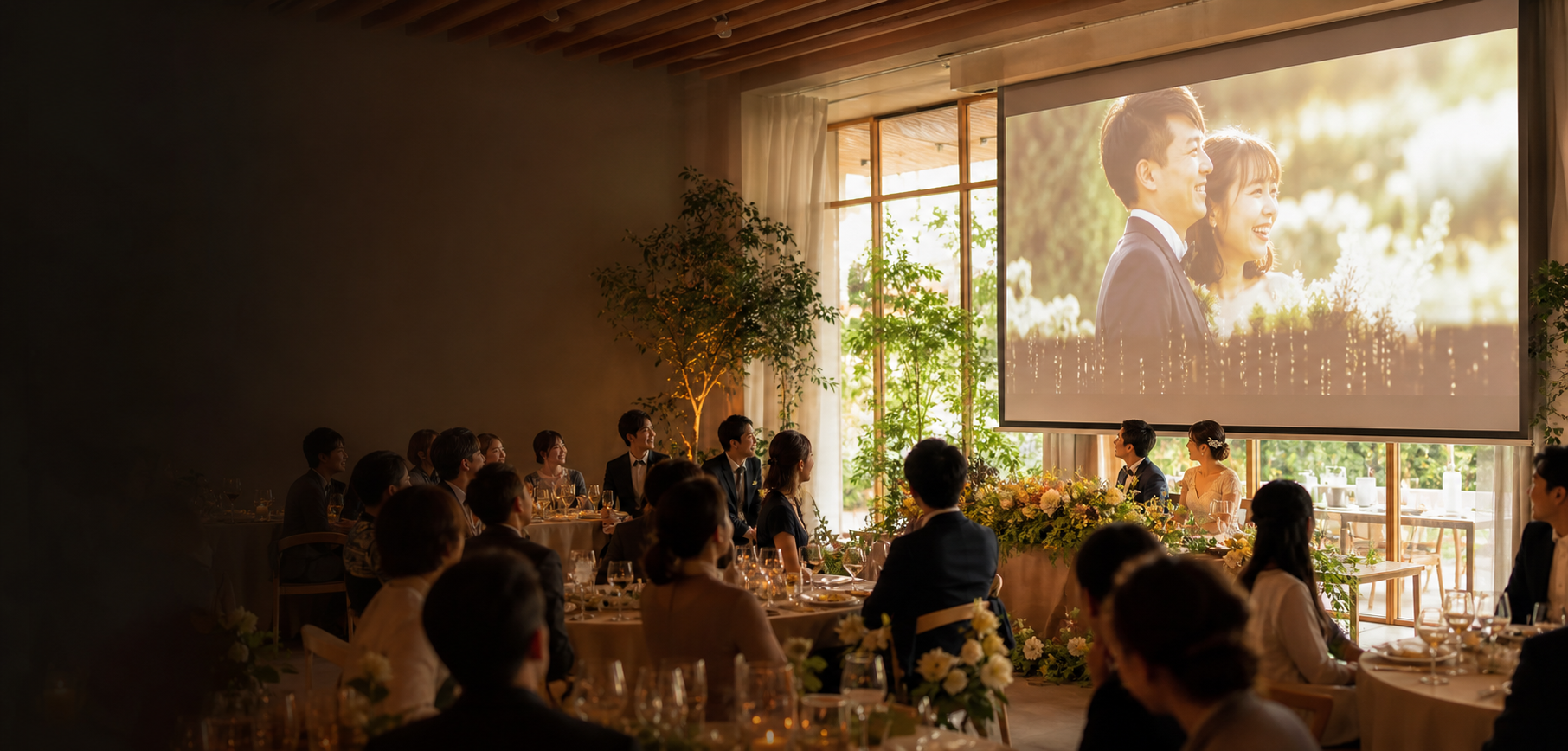 結婚式会場でプロフィールムービーを見ているゲスト