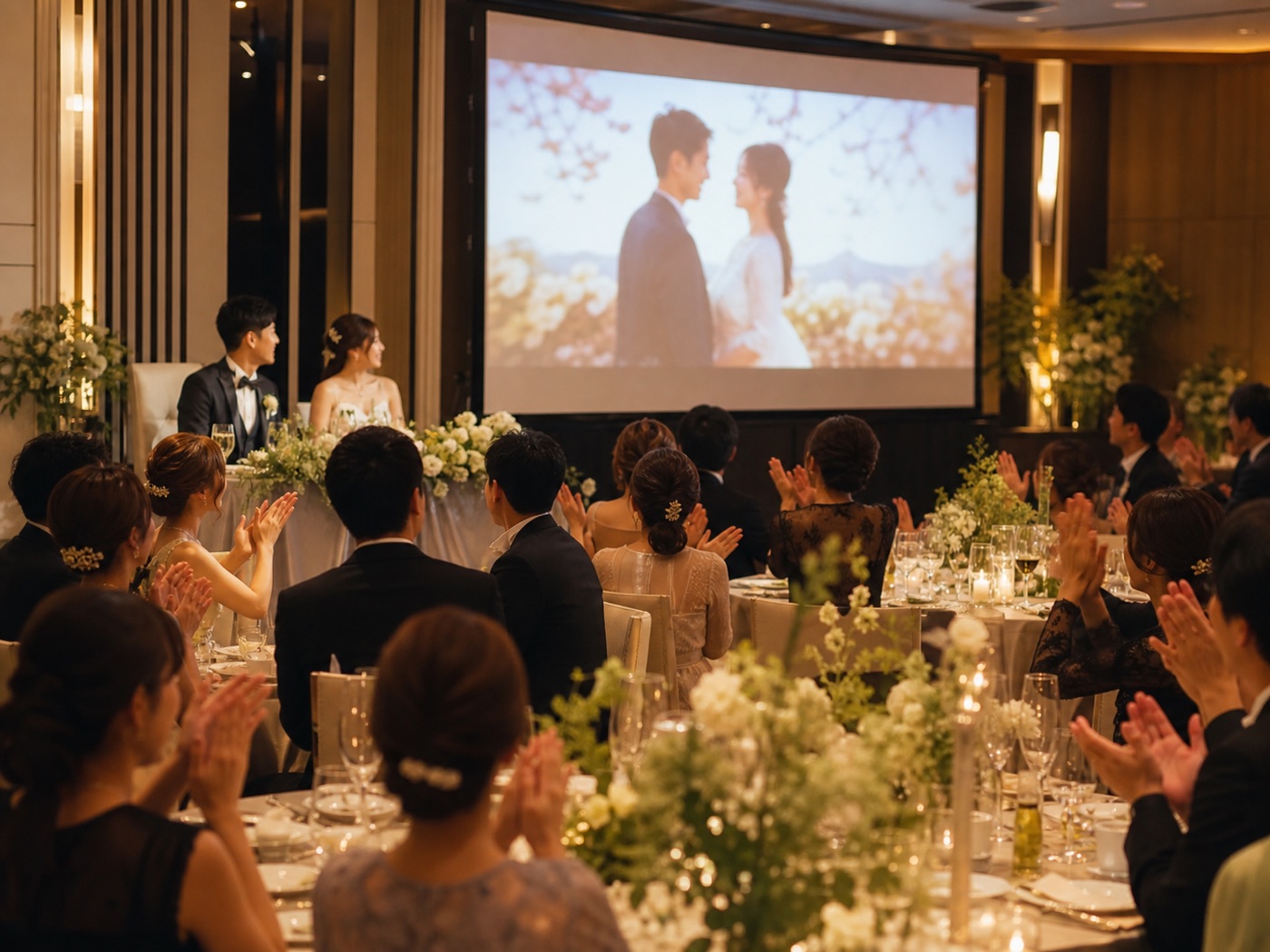 結婚式会場でゲストがムービーに拍手している様子